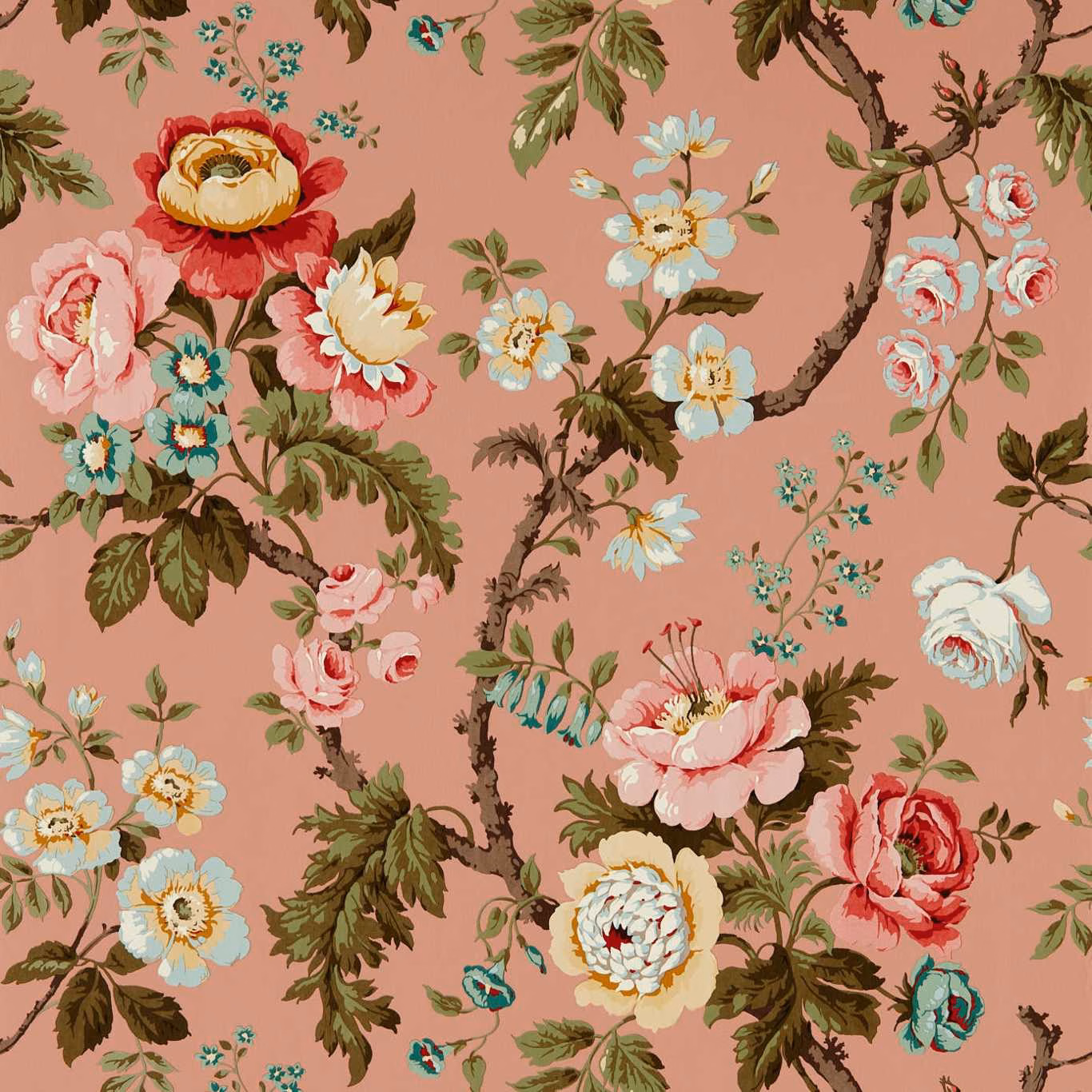 Dusty rose wallpaper with blue, coral and cream flowers on branching olive foliage