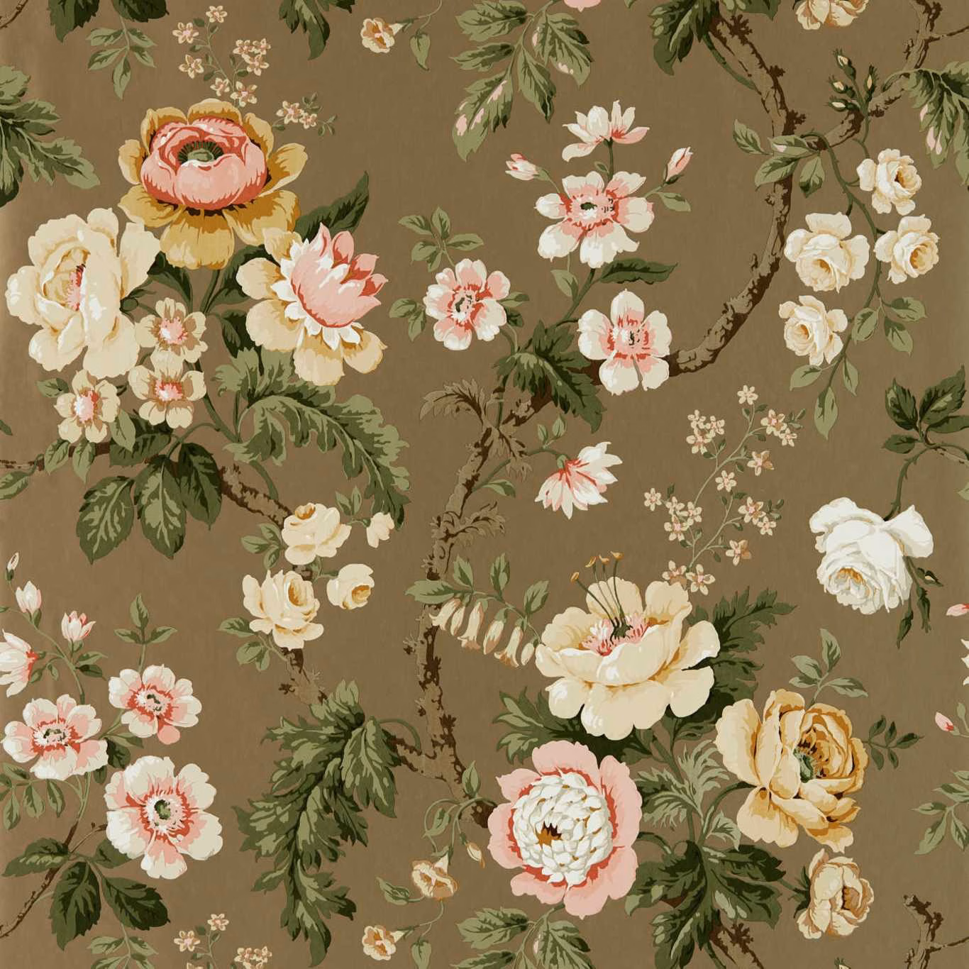 Olive-brown wallpaper with cream, blush and gold flowers on branching leafy stems