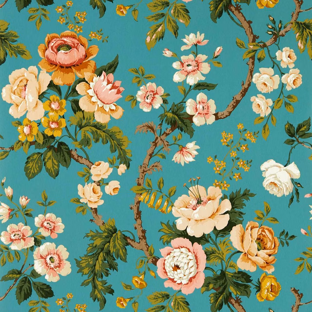 Turquoise wallpaper with coral, cream and ginger flowers on branching leafy stems
