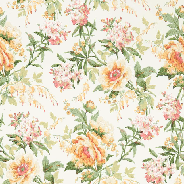 Cream botanical wallpaper with sage leaves, pink blossoms and warm orange flowers