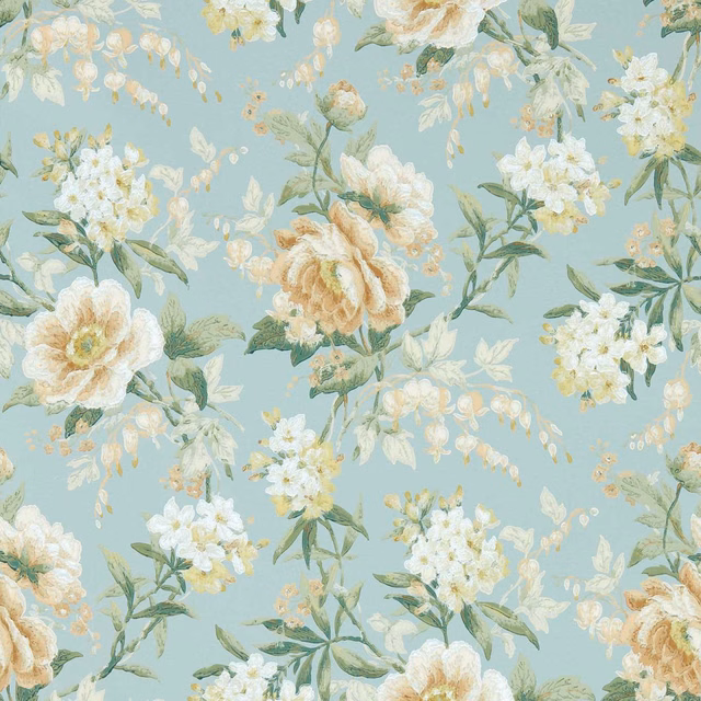 Sky-blue wallpaper with ivory blossoms, tan roses and leafy botanical branches