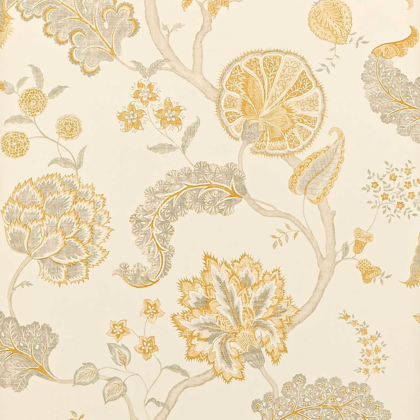 Cream wallpaper with silver-grey branches, gold flowers and a large circular botanical motif