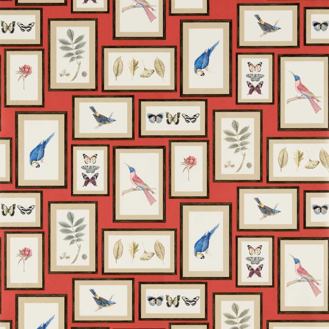 Deep red wallpaper with framed blue birds, botanicals, butterflies and pink flowers