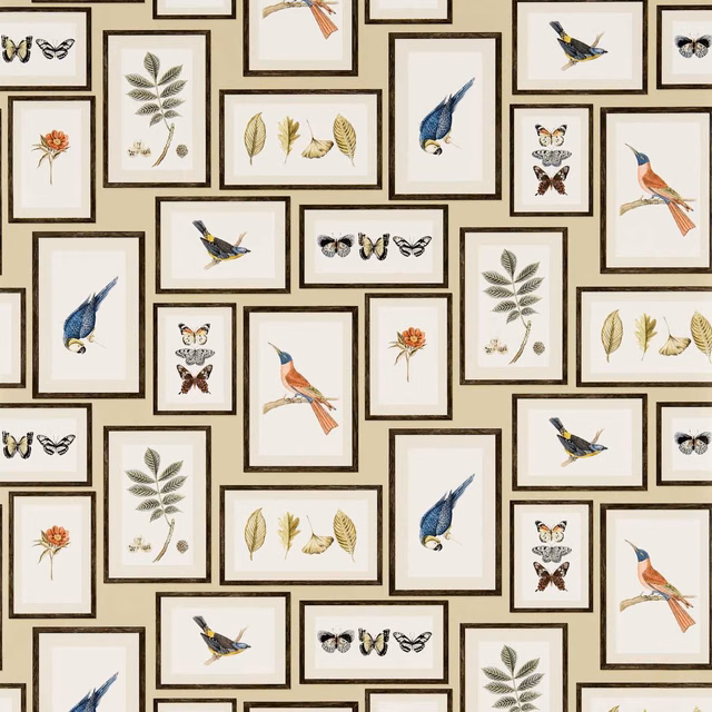 Sand wallpaper with framed blue birds, butterflies, foliage and flowers