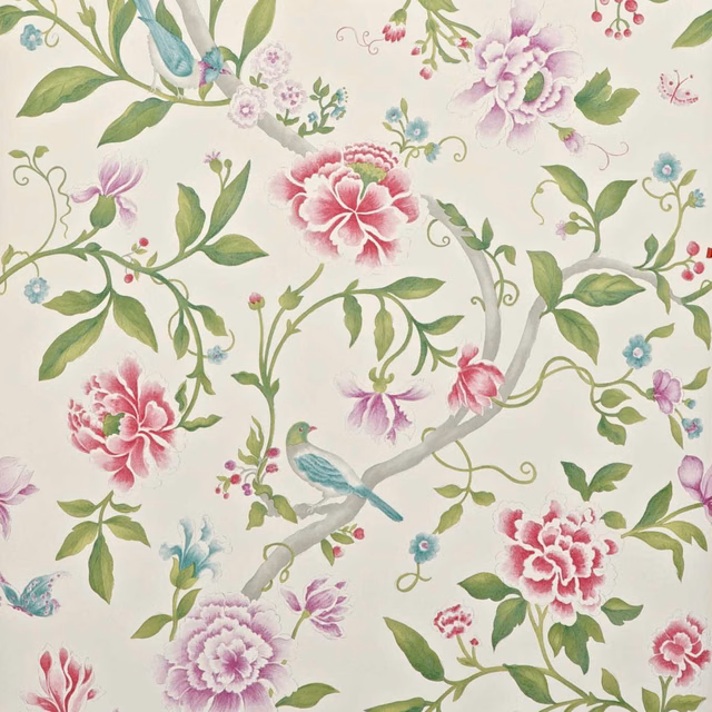 Porcelain wallpaper with magenta blooms, leaf-green foliage and turquoise birds