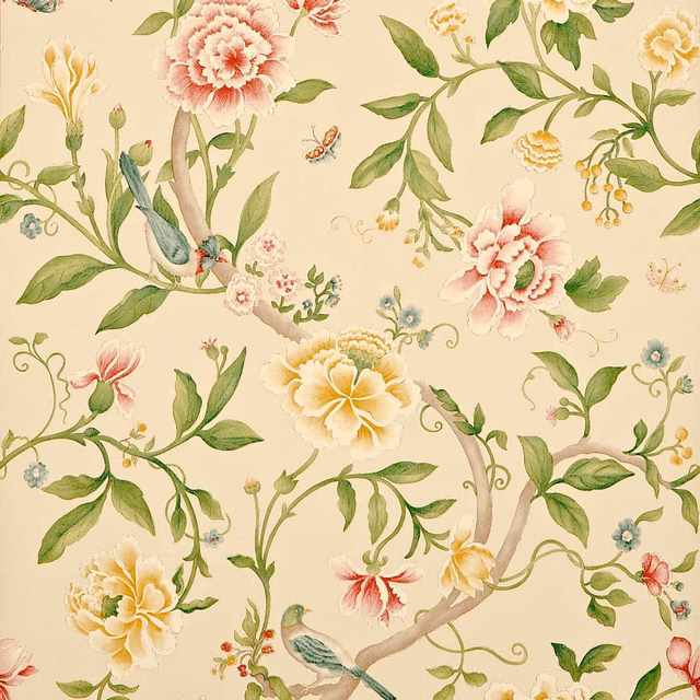 Warm beige botanical wallpaper with blush peonies, cream flowers, green branches and small birds