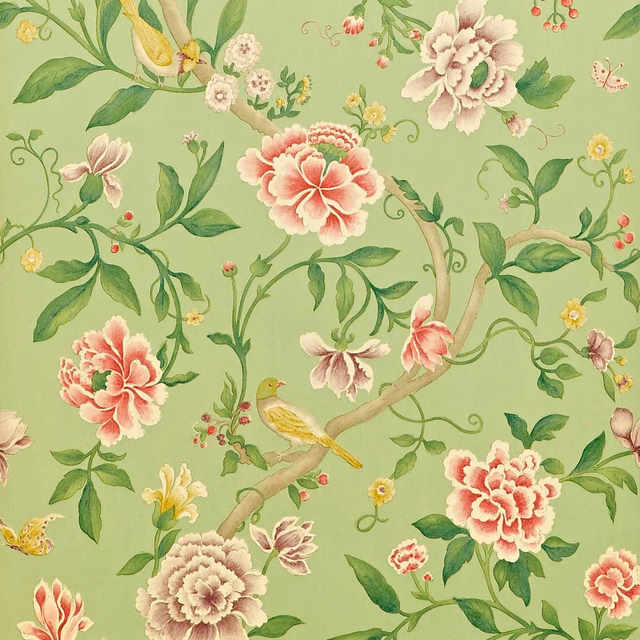 Pale fennel-green wallpaper with coral roses, trailing leaves, berries and a small yellow bird