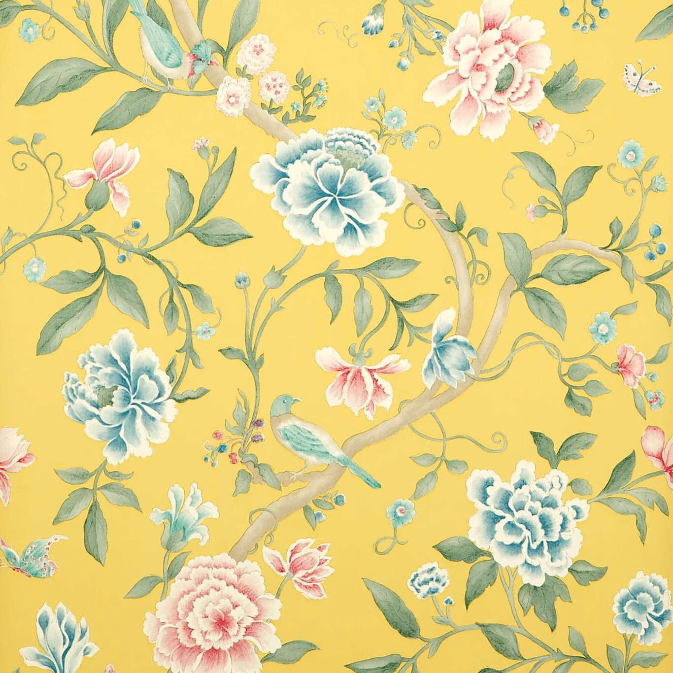 Warm yellow wallpaper with blue peonies, pink blossoms, green branches and small painted birds