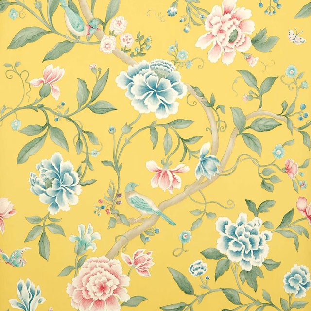 Warm yellow wallpaper with blue peonies, pink blossoms, green branches and small painted birds