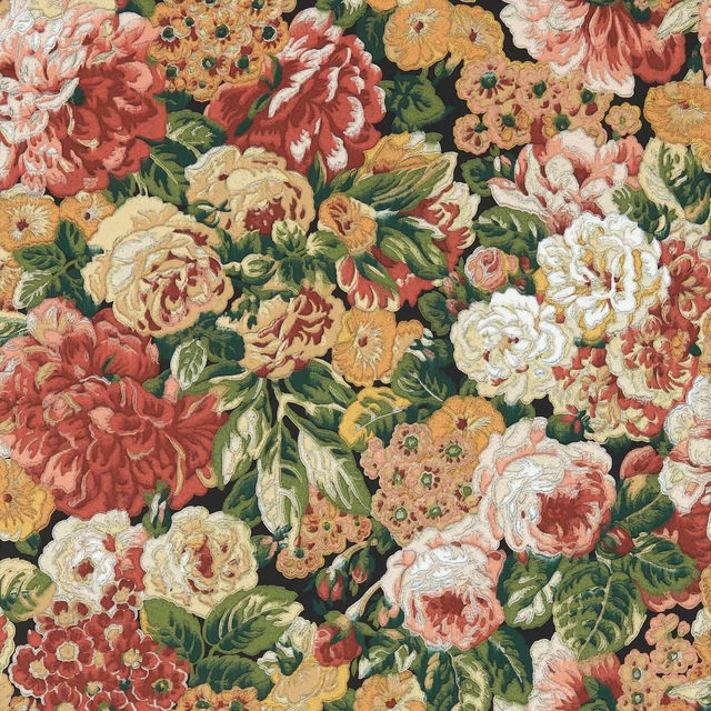 Dense red, ivory and ochre peonies with green foliage on a dark ground
