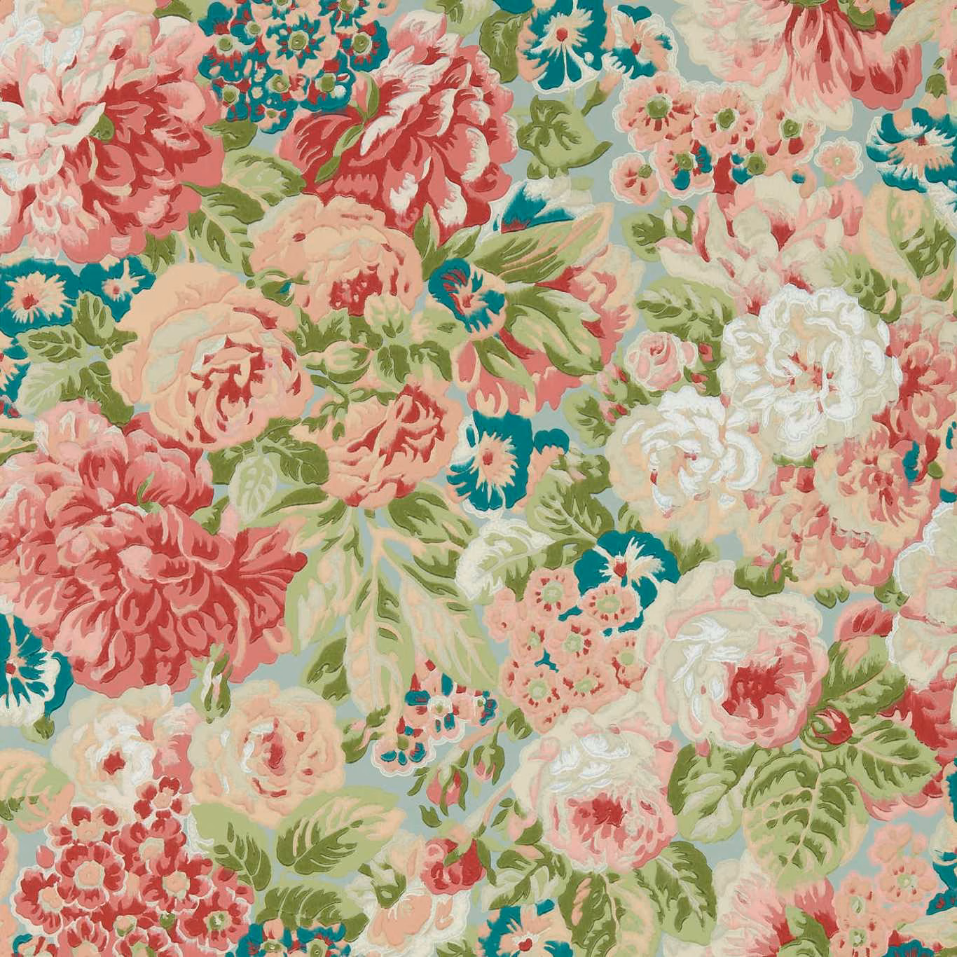 Coral and blush peonies with teal flowers and green leaves on pale wallpaper