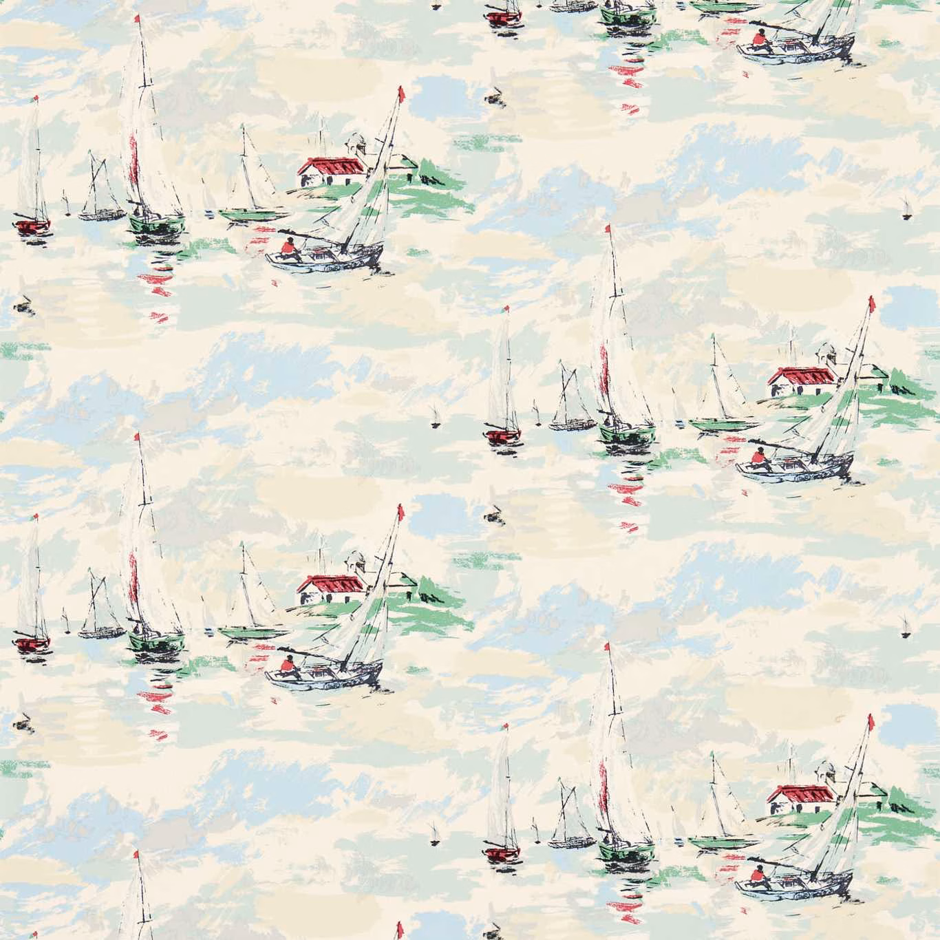 Pale sea-green nautical wallpaper with painterly sailboats, red accents and aqua brushstrokes