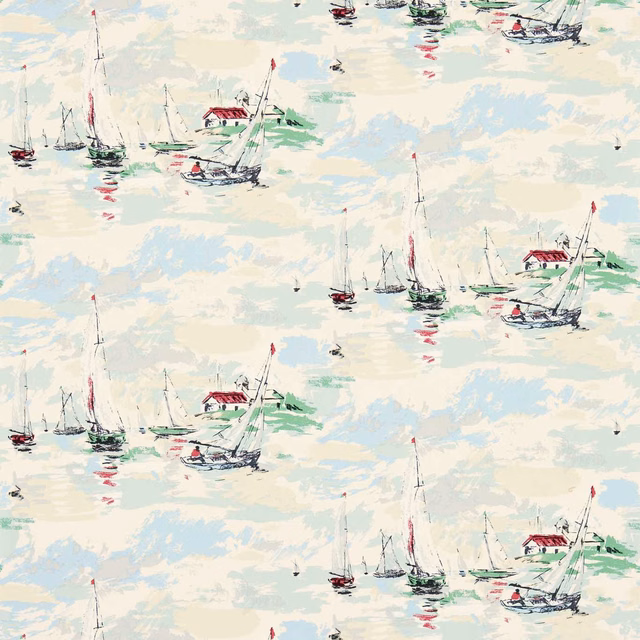 Pale sea-green nautical wallpaper with painterly sailboats, red accents and aqua brushstrokes