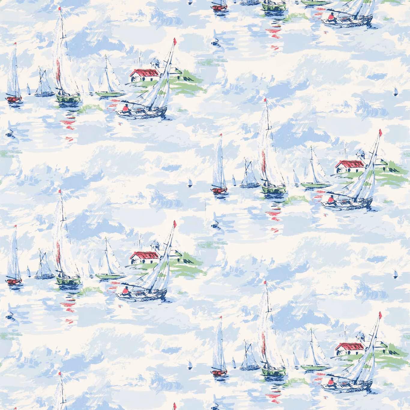 Pale sky-blue wallpaper with repeated sailboats, red-roofed shores and loose white brushstrokes