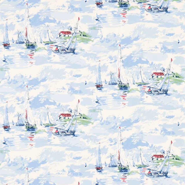 Pale sky-blue wallpaper with repeated sailboats, red-roofed shores and loose white brushstrokes