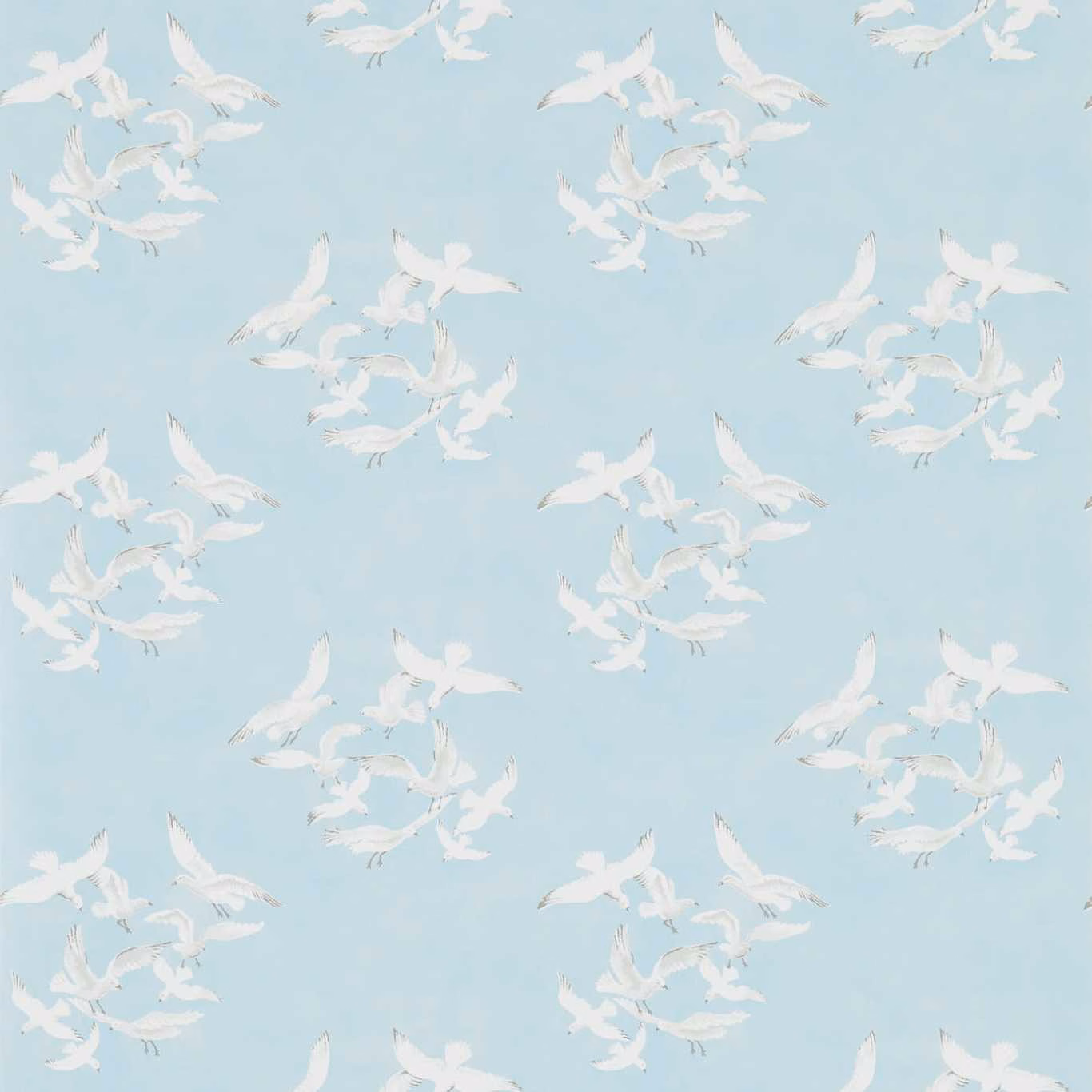 Pale blue wallpaper with clustered white seagulls and soft grey detailing