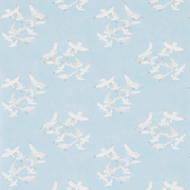 Pale blue wallpaper with clustered white seagulls and soft grey detailing