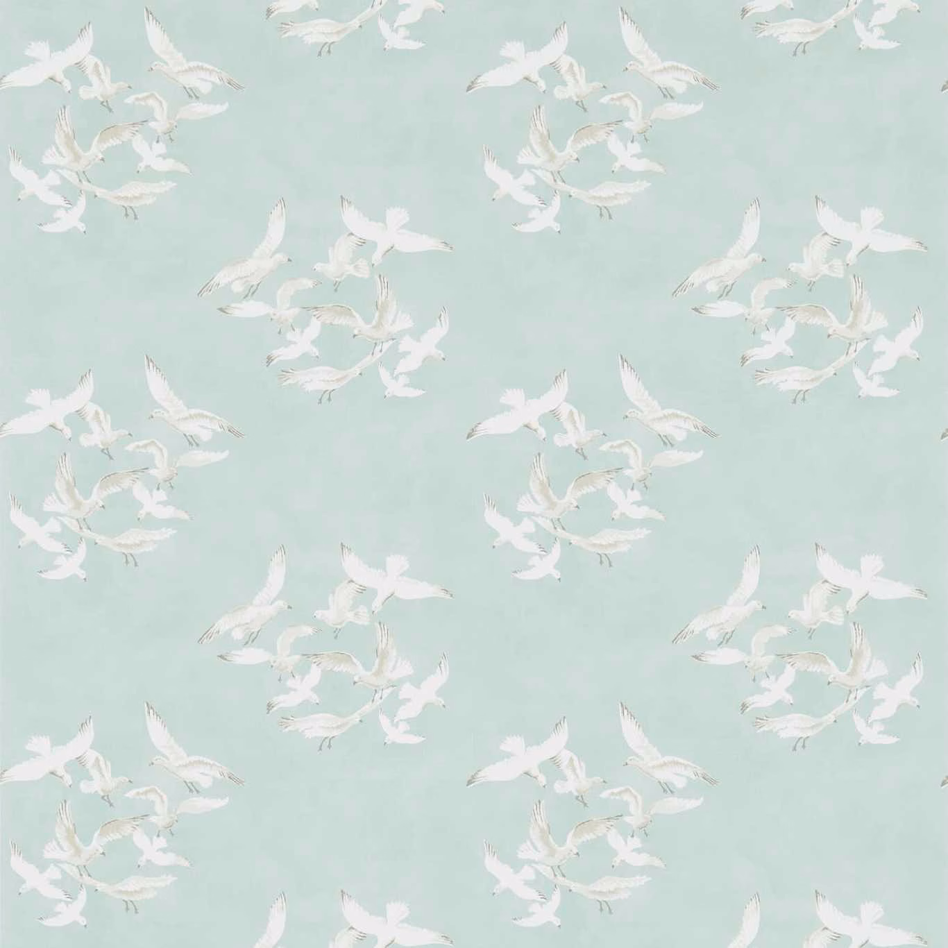 Pale eau de nil wallpaper with white flying seagull clusters and soft outlines