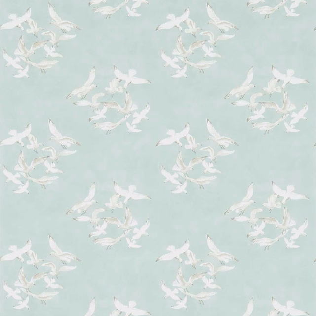 Pale eau de nil wallpaper with white flying seagull clusters and soft outlines