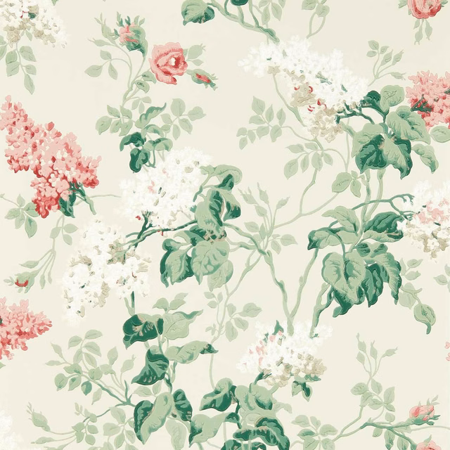 Pale cream floral wallpaper with blush roses, sage leaves and white blossom sprays