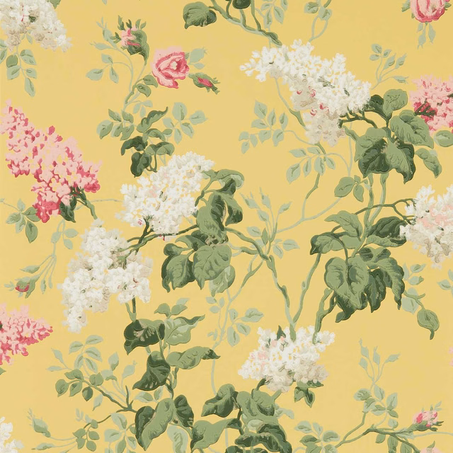 Warm daffodil wallpaper with rose, white blossom and leafy green climbing florals