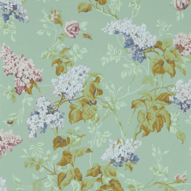 Mint wallpaper with plum roses, lilac flower clusters, curling stems and ochre leaves