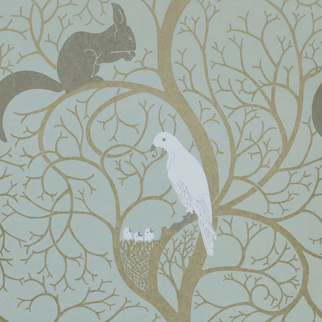 Eggshell blue-grey wallpaper showing ivory dove, grey squirrel, taupe branches and small nest