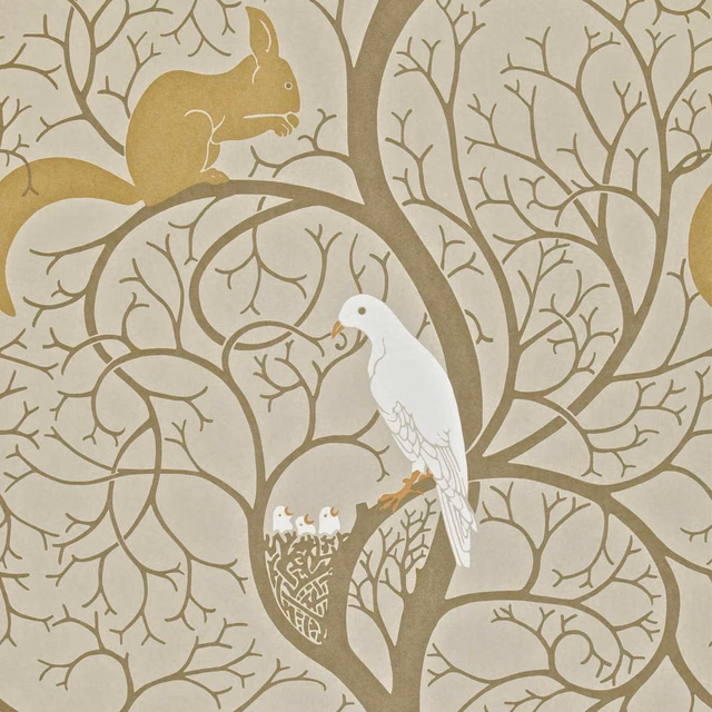 Linen ivory wallpaper with taupe branching trees, tan squirrel and white dove