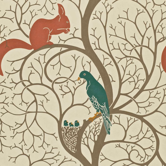 Cream wallpaper with a teal bird, red squirrel and taupe branching trees