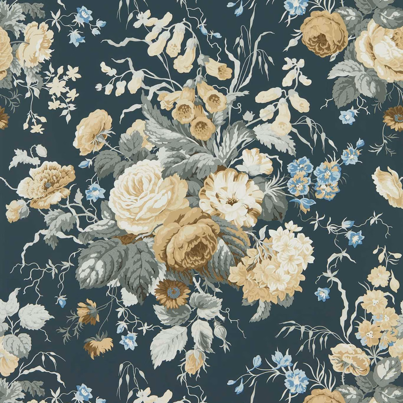 Deep ink-teal wallpaper with cream roses, sage leaves and small blue flowers