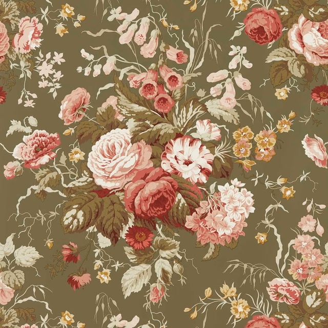 Olive wallpaper with sprawling cream, blush and Bengal-red floral bouquets