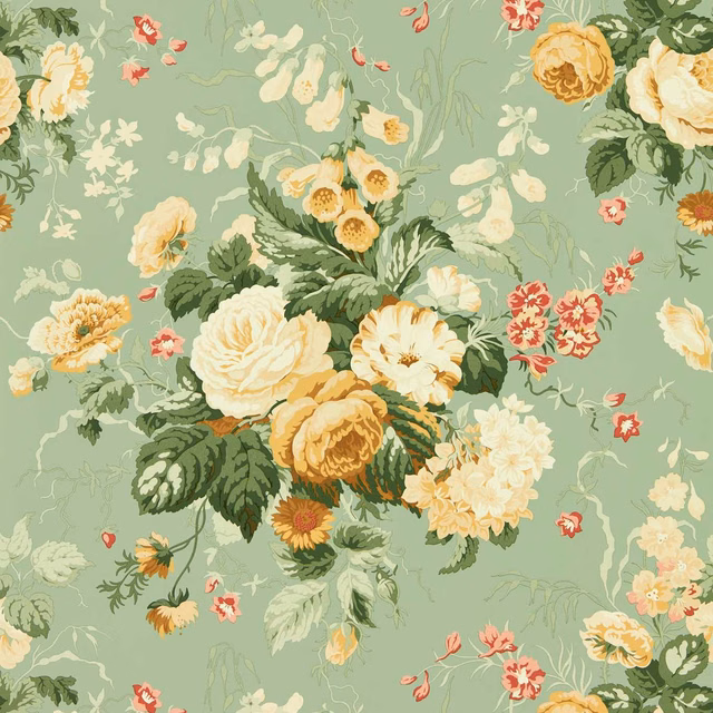 Sage green wallpaper with honey blooms, cream roses, coral flowers and leafy bouquets