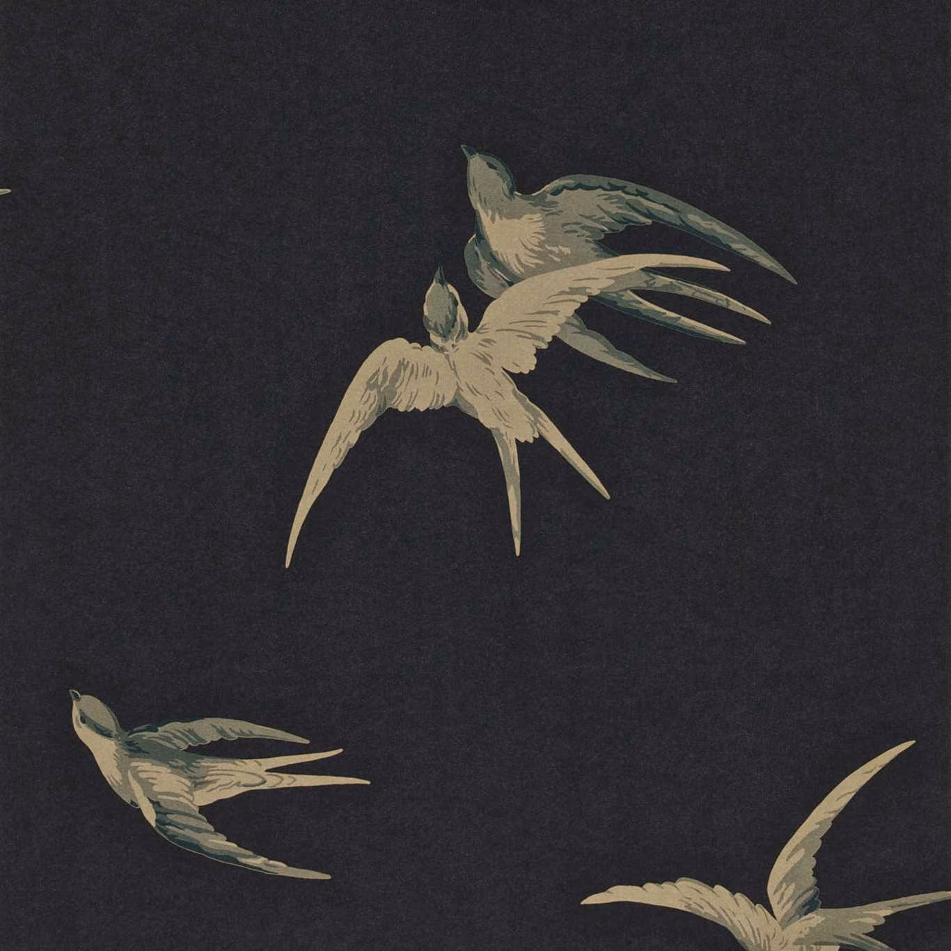 Charcoal-black wallpaper with muted sage and sand swallows in flight