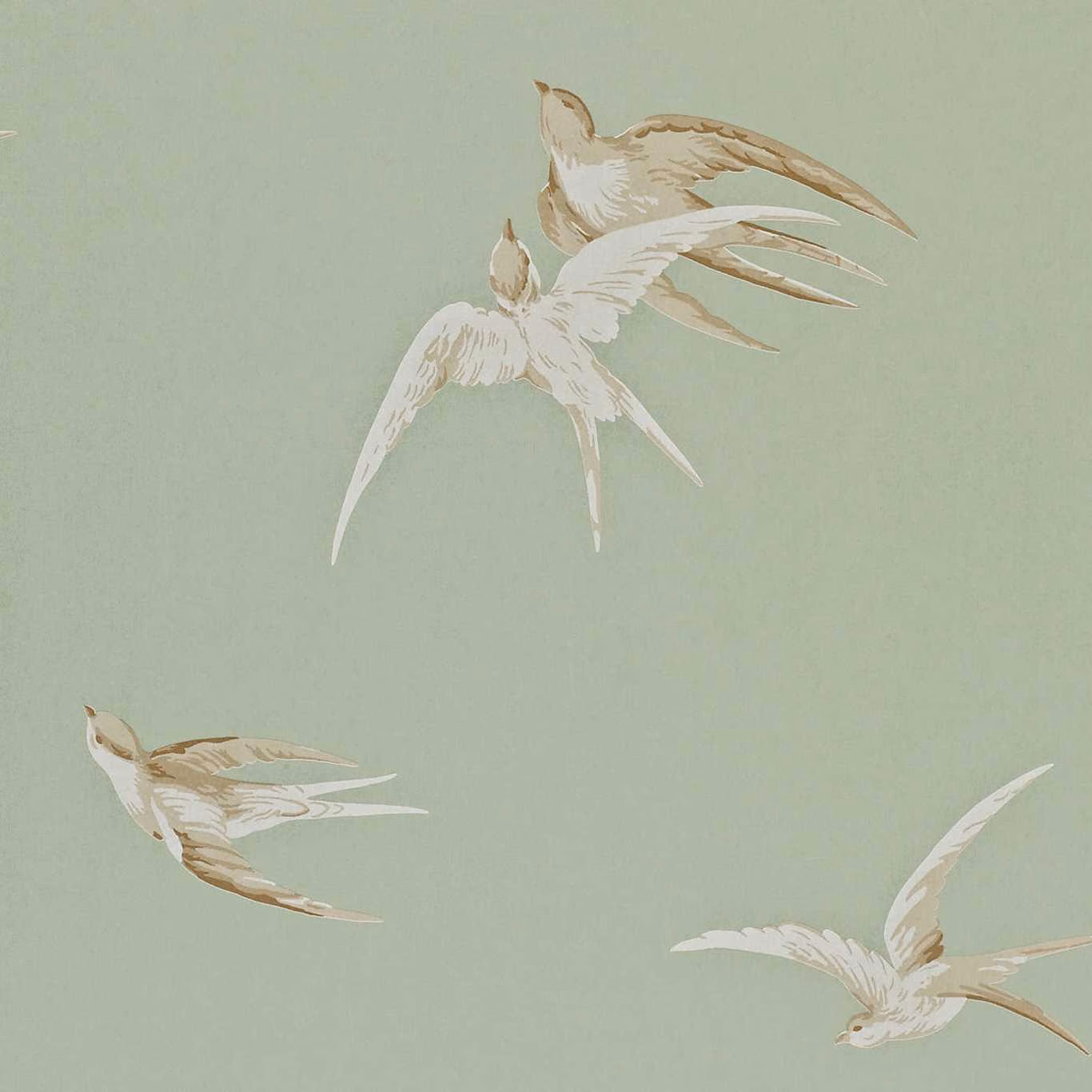 Muted pebble-sage wallpaper with cream and taupe swallows in flight