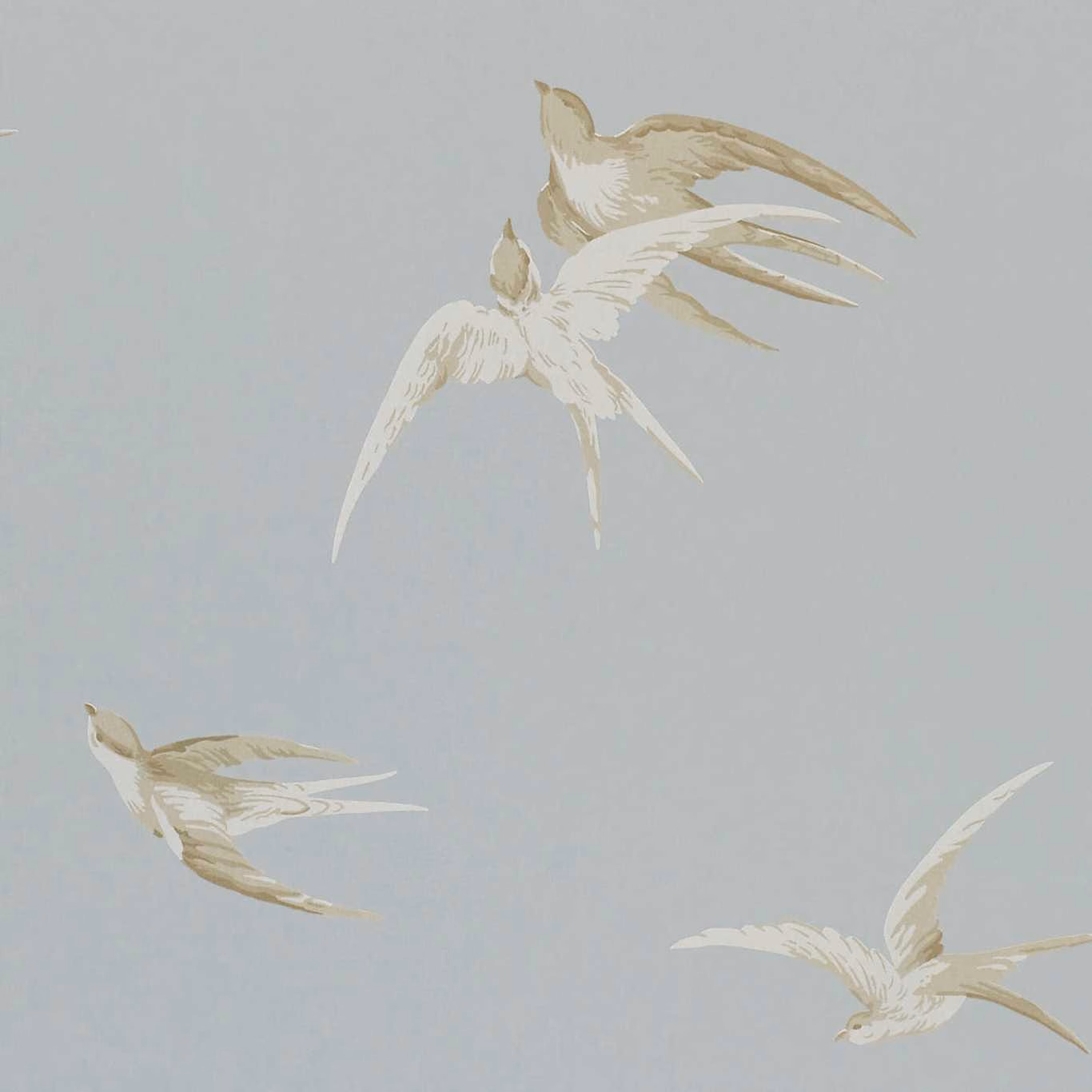 Pale blue-grey wallpaper with ivory and beige swallows flying across the surface