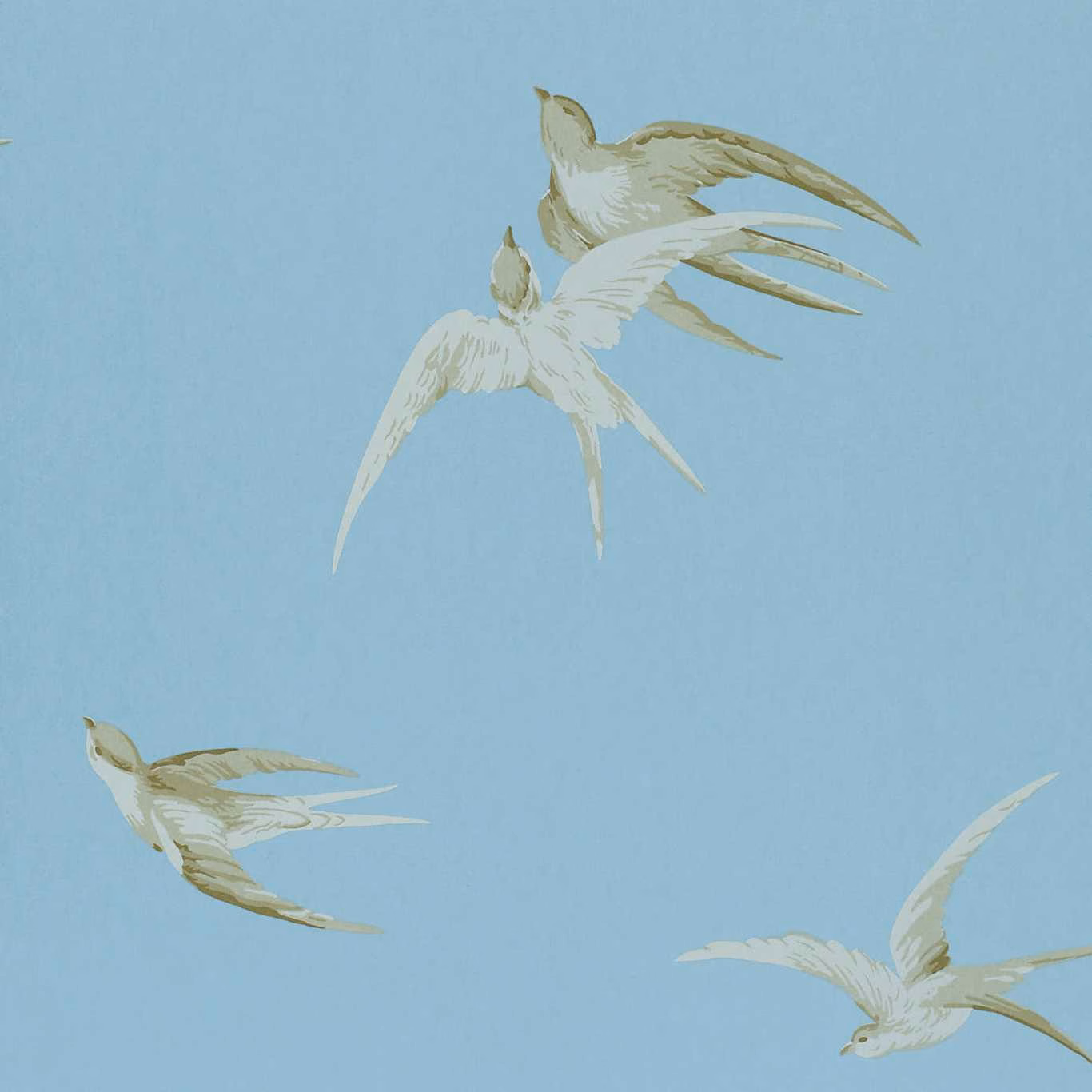 Wedgwood blue wallpaper with cream and olive swallows flying across the repeat