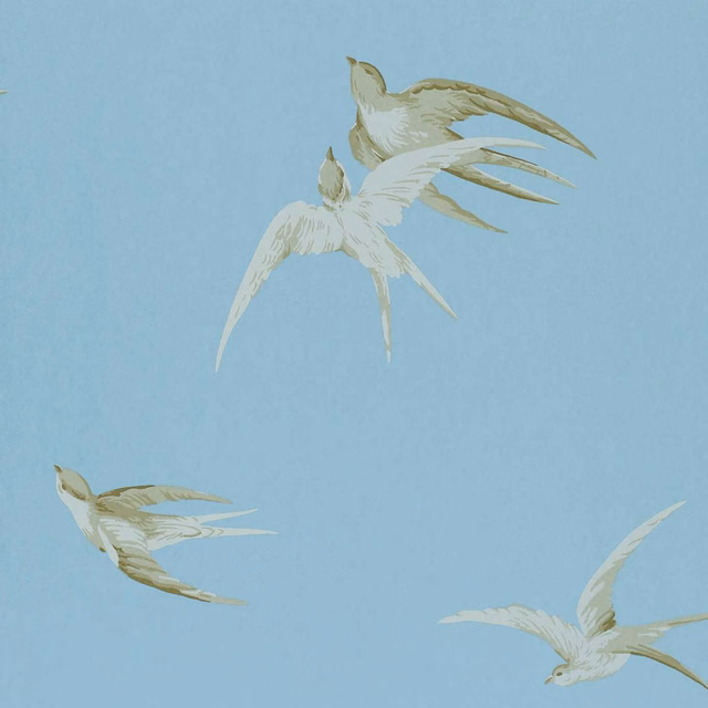 Wedgwood blue wallpaper with cream and olive swallows flying across the repeat