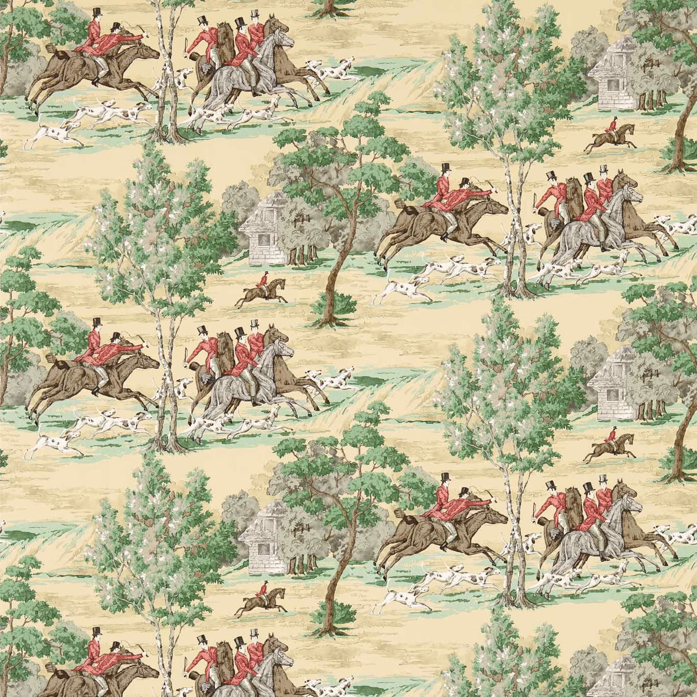 Evergreen and crimson equestrian toile with hounds, trees and cream landscape ground