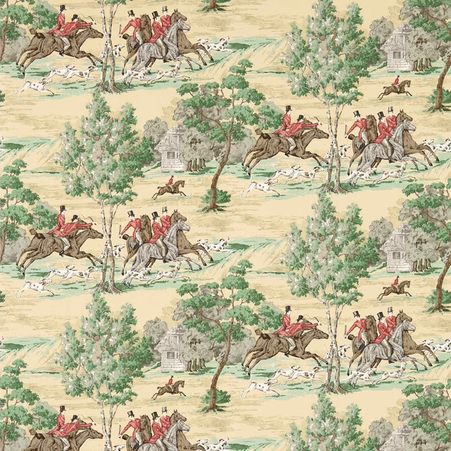 Evergreen and crimson equestrian toile with hounds, trees and cream landscape ground