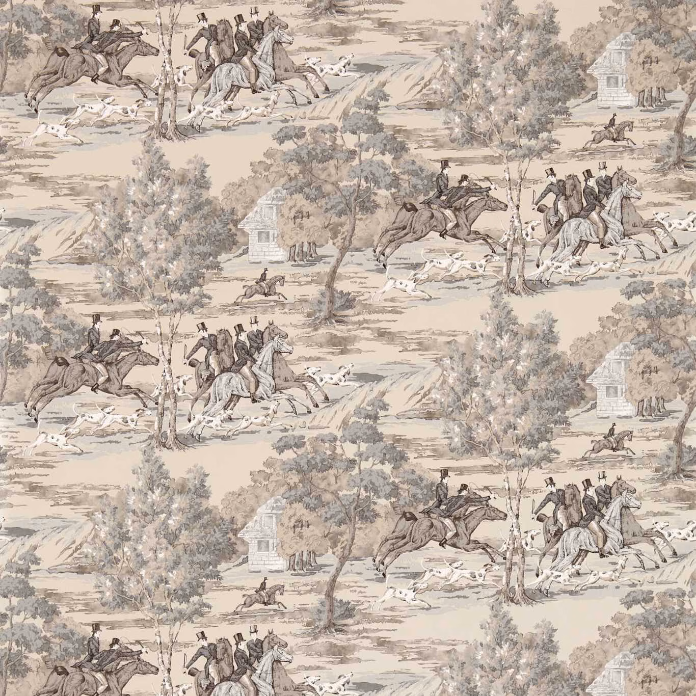 Pearl-grey wallpaper with riders, hounds, trees and pale hunting lodge scenes