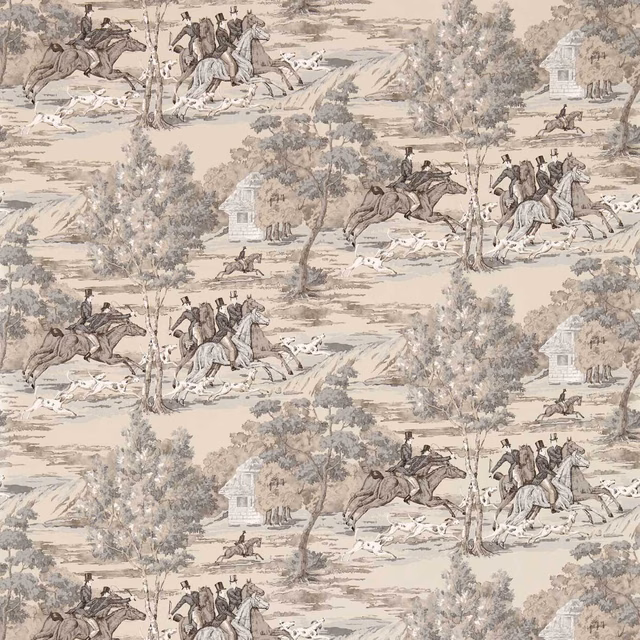 Pearl-grey wallpaper with riders, hounds, trees and pale hunting lodge scenes