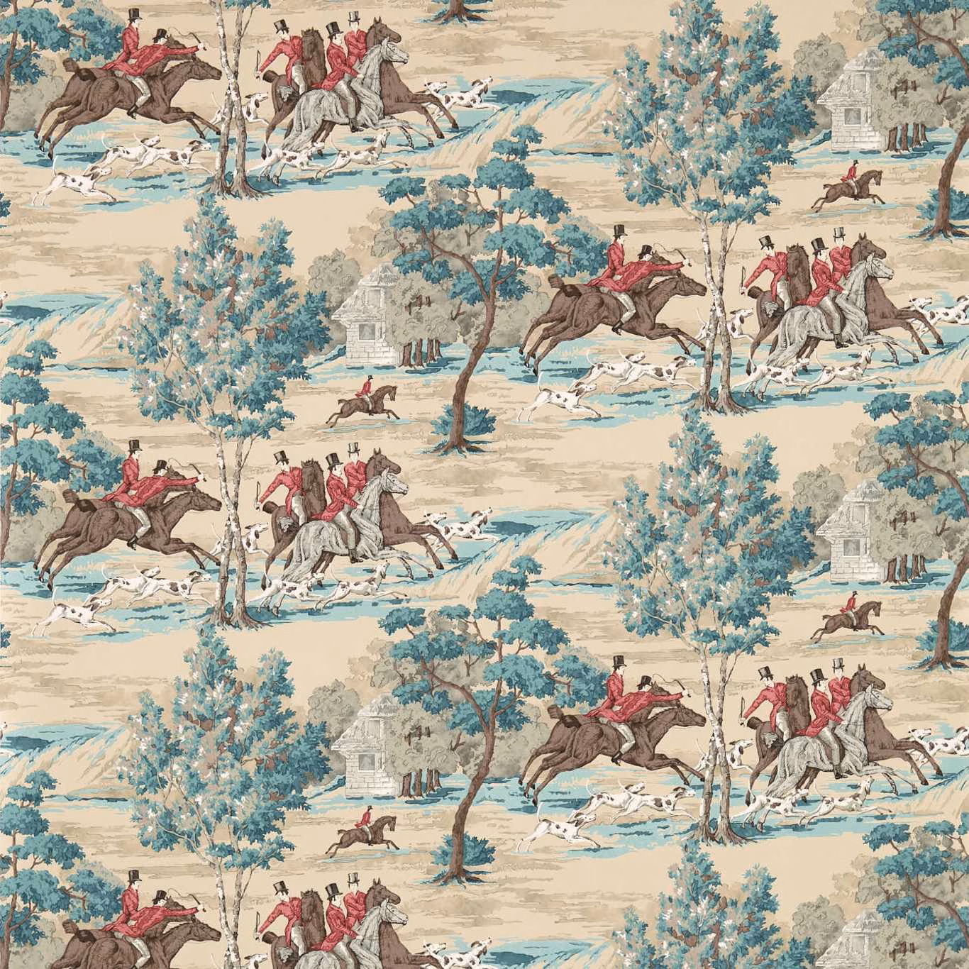 Teal and ruby equestrian scene with riders, hounds, trees and pale country buildings