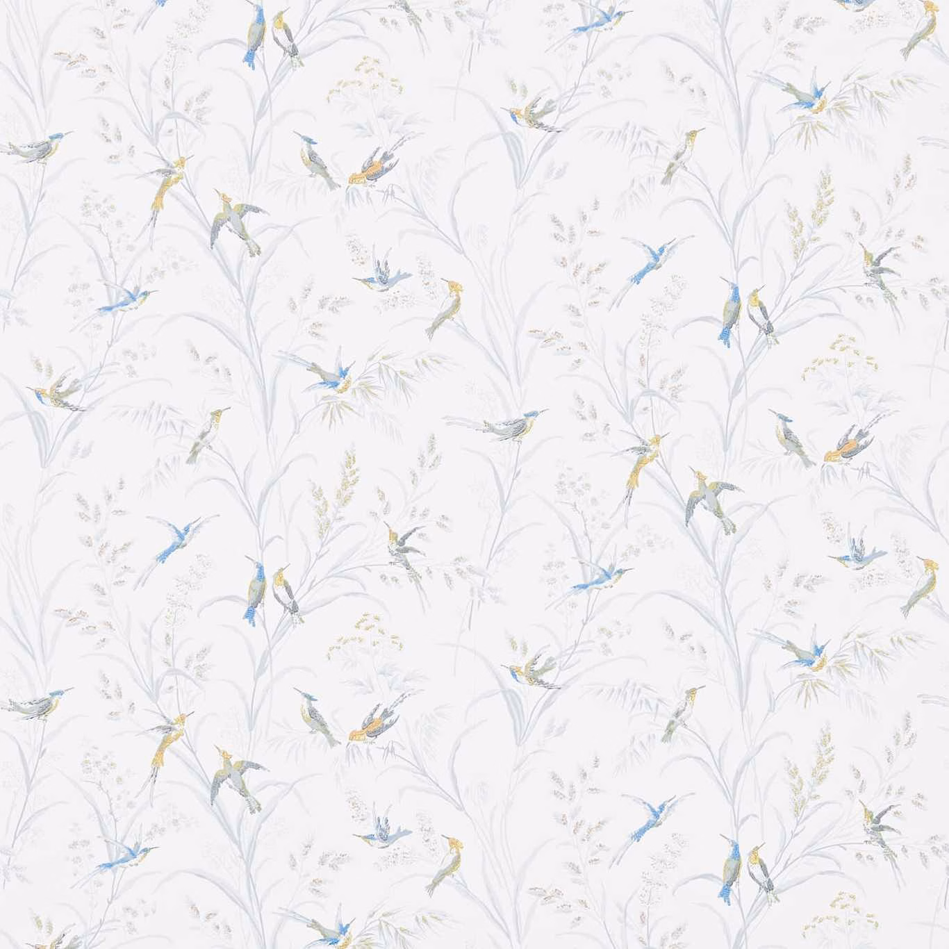 Pale silver wallpaper with blue and yellow birds among fine botanical sprays