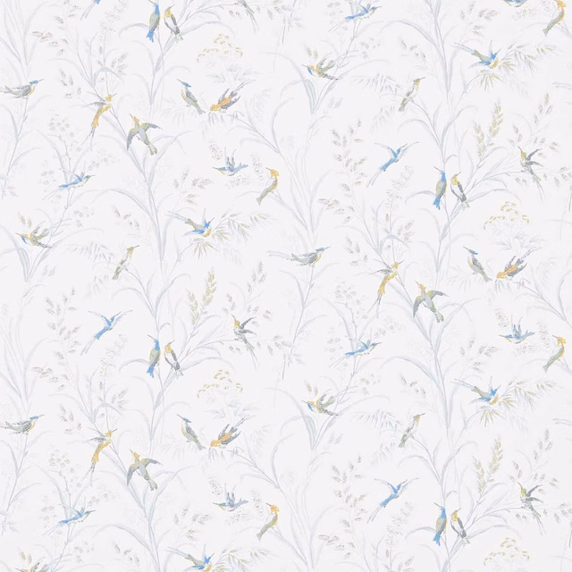 Pale silver wallpaper with blue and yellow birds among fine botanical sprays