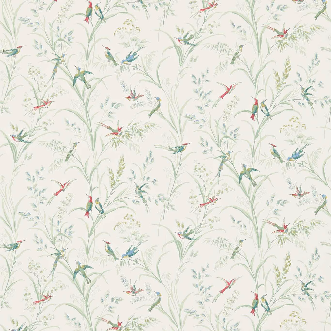 Pale willow botanical wallpaper with red, teal and blue birds among fine leafy stems