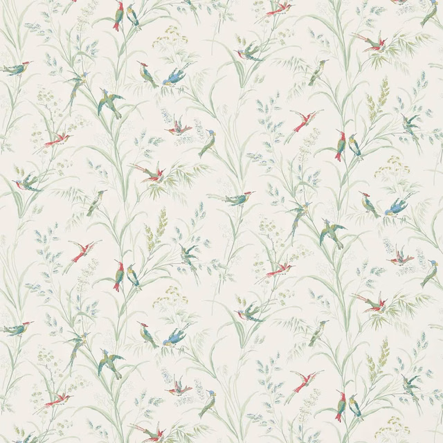 Pale willow botanical wallpaper with red, teal and blue birds among fine leafy stems