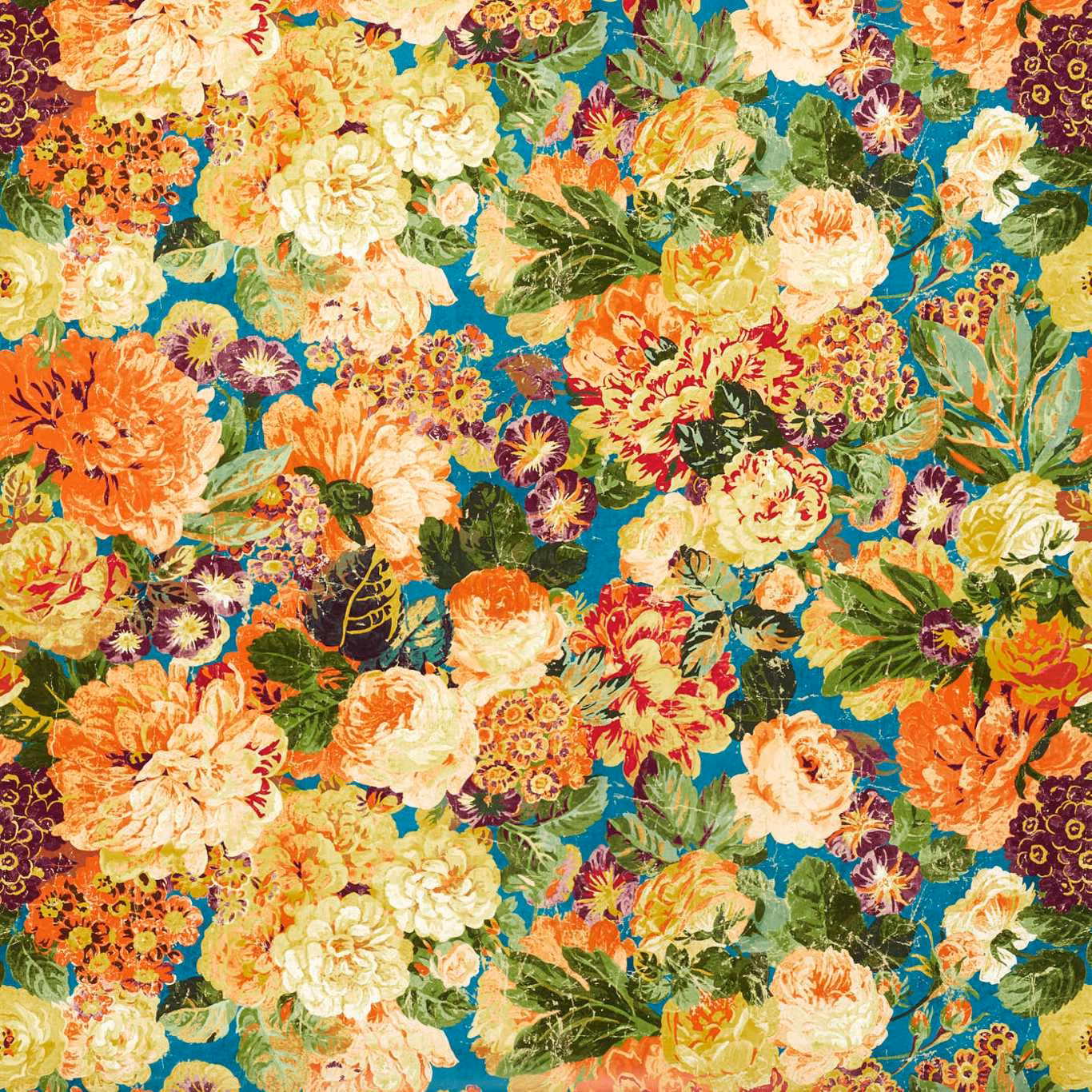 Dense teal wallpaper with cream, orange, red and purple botanical flowers