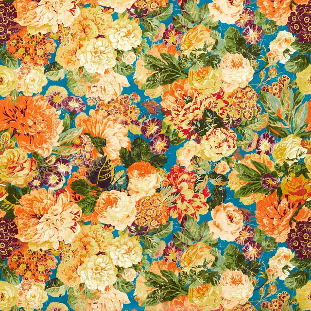 Dense teal wallpaper with cream, orange, red and purple botanical flowers
