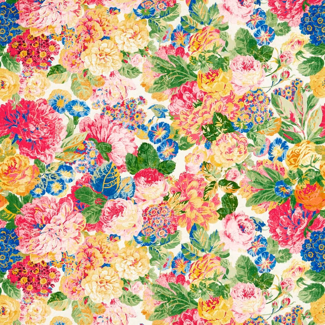 Dense rose, peony and blue floral clusters on a warm cream wallpaper ground
