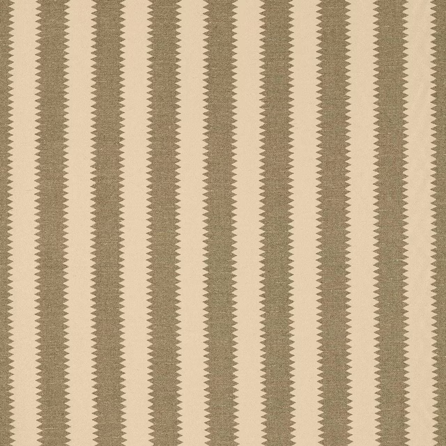 Muted olive and cream vertical striped woven fabric with a textured surface